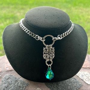 Handmade maille necklace iridescent green austrian crystal celtic goth boho